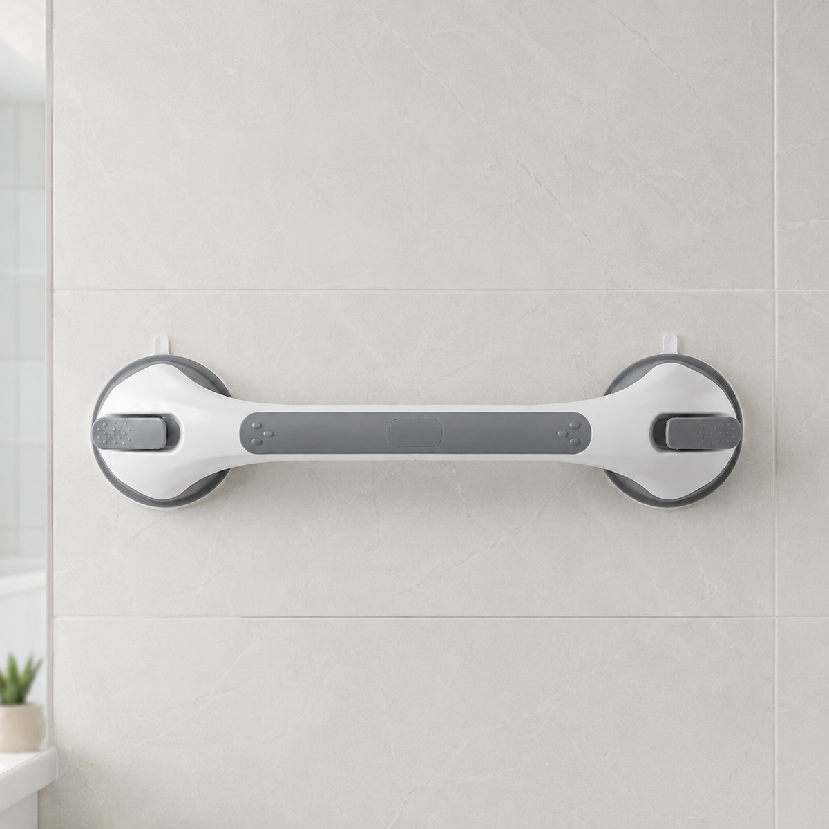 SureHold no-drill suction grab bar mounted in a shower for balance support
