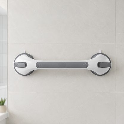 SureHold no-drill suction grab bar mounted in a shower for balance support