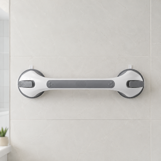 SureHold no-drill suction grab bar mounted in a shower for balance support