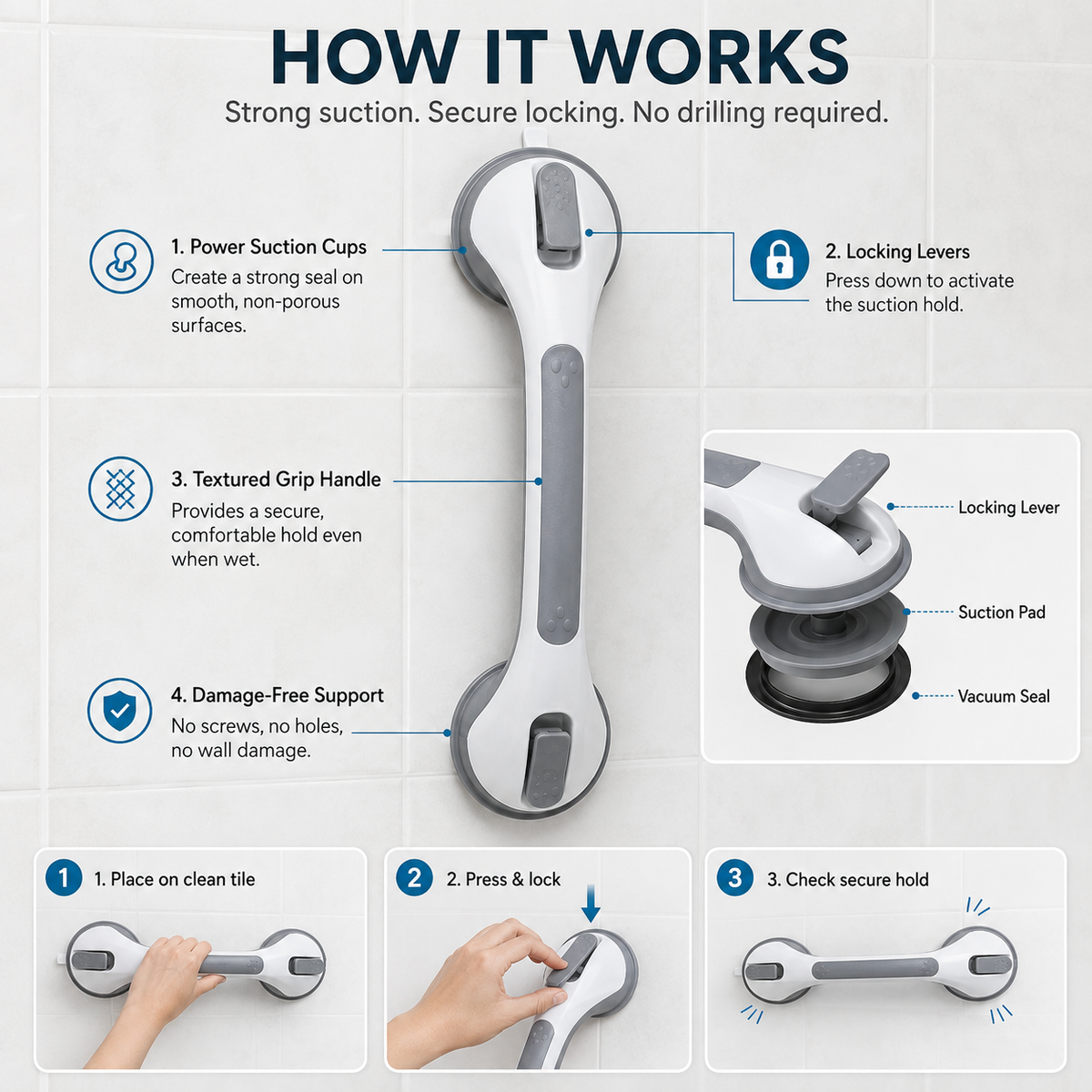 SureHold no-drill grab bar mounted vertically for stepping over the tub wall