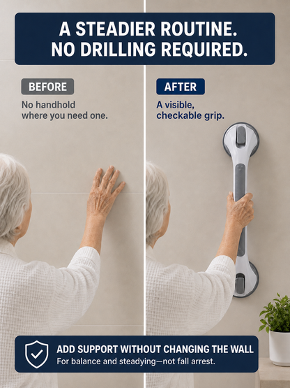 Before and after showing SureHold added to smooth tile as a no-drill balance aid
